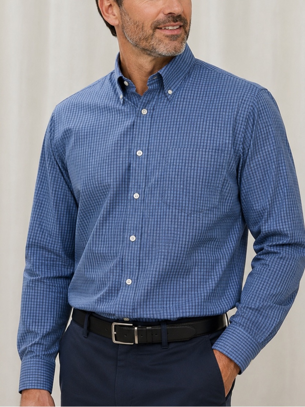 Men’s Dockers Blue Micro-Check Button-Down Shirt 17.5X37 cotton blend work 1367